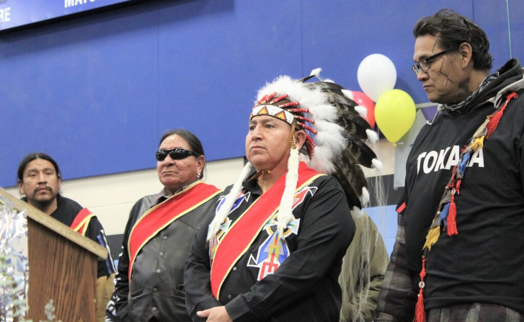 2022 Inaugeration Ceremony for newly elected Oglala SiouxTribal President Frank Star Comes Out with members of the Tokala Kit-Fox Society. (Photo by Ernestine Anunkasan Hopa)