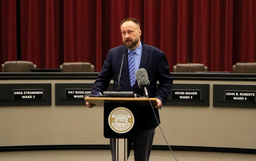 Rapid City Mayor Salamun speaking at impromptu press conference. (Photo by Marnie Cook)