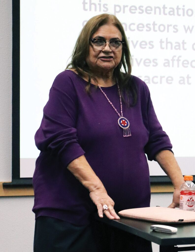 Monica Garreaux Schmidt shares memories of her grandmother Jenny Walks First Woman, a survivor of the Wounded Knee Massacre. (Photo by Marnie Cook)