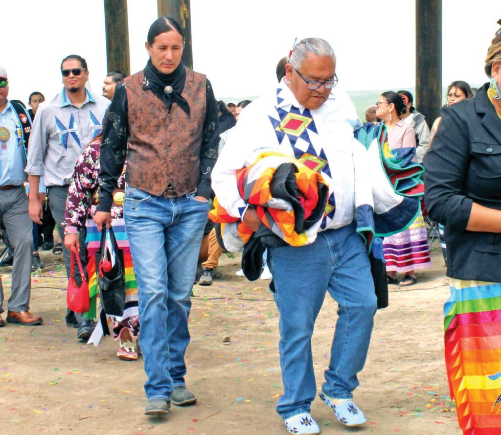 Graduating class speaker Emmanual Black Bear, B.A. in Lakota Studies, Lakota Arts Emphasis and Richard Giago, B.A. in Lakota Studies, Lakota Arts Emphas. (Photo by Ernestine Anunkasan Hopa)