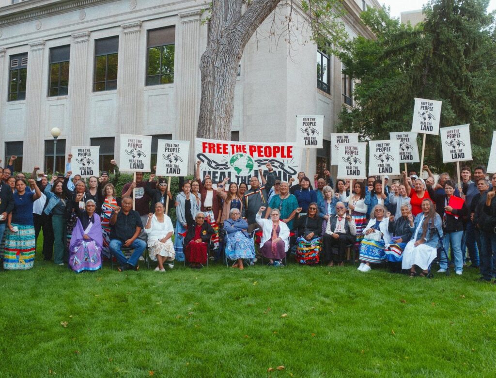 Nick Tilsen with supporters gathered for hearing on Aug. 1, 2025. Photo from NDN Collective.