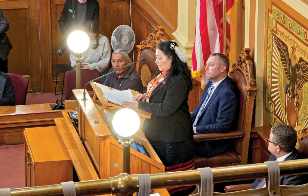 Rosebud Sioux Tribe President Kathleen Wooden Knife delivering State of the Tribes address to South Dakota Legislators. (Photo by Marnie Cook)