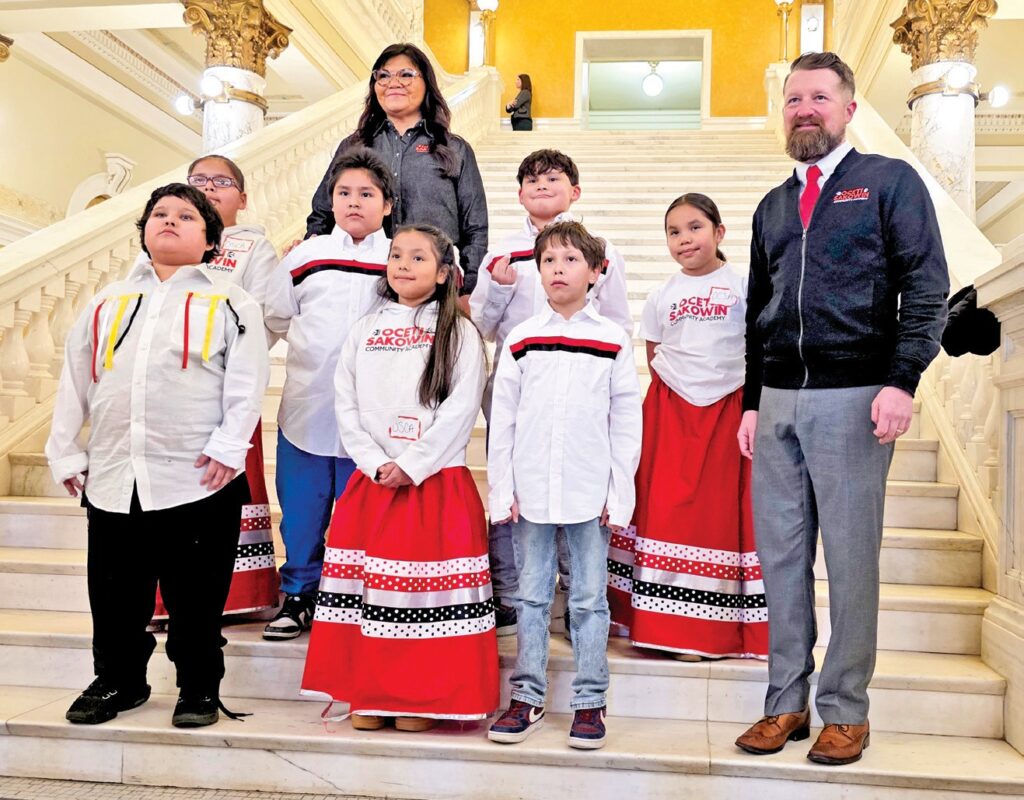 Students from Oceti Sakowin Community in Rapid City attending the Tribal legislative addresss. (Photo by Marnie Cook).