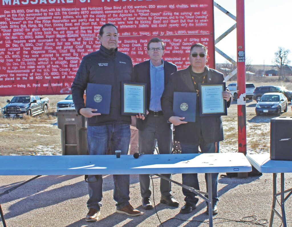 Congressman Dusty Johnson presented framed copies of the Congressional Record and the legislation to President Star Comes Out and Chairman LeBeau. (Photo by Ernestine Anunkasan Hopa)