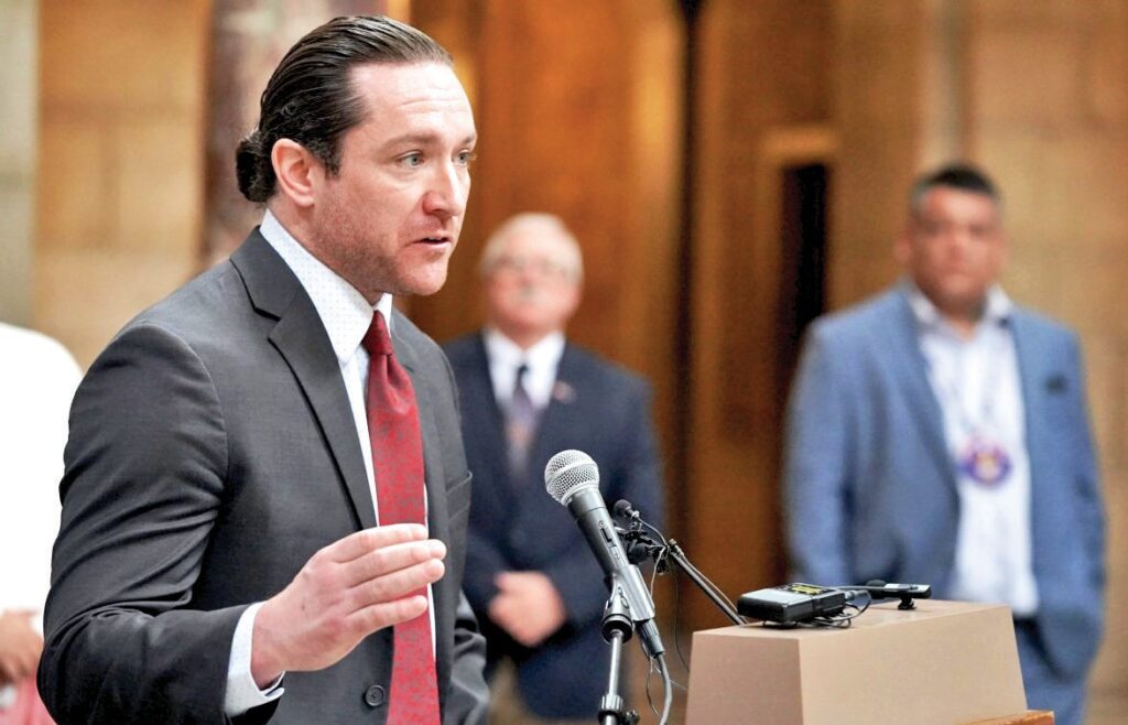 John Cartier, attorney general for the Omaha Tribe of Nebraska, speaks at a Thursday, Jan. 15, 2026, press conference at the Nebraska State Capitol. (Kevin Abourezk/ICT)