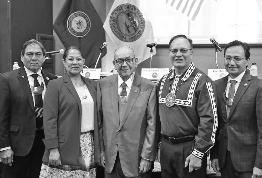 During this month’s quarterly session held at the Hard Rock Hotel & Casino Tulsa, Leaders of the Inter-Tribal Council of the Five Tribes met to discuss important issues impacting tribes. From left: Muscogee Nation Principal Chief David Hill, Seminole Nation Chief Sena Yesslith, Chickasaw Nation Governor Bill Anoatubby, Choctaw Nation Chief Gary Batton, and Cherokee Nation Principal Chief Chuck Hoskin Jr.