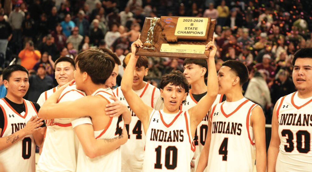 Lodge Grass won the State B championship with a dominant 69-48 performance against Harlem to cap off a perfect season and claim its first title since 2021. (Photo courtesy of Montana Sports)