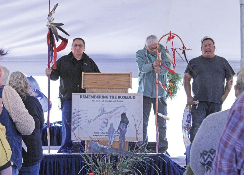 Oglala Sioux Tribal President Frank Star Comes Out, Standing Rock THPO Tim Mentz, and Hunkpapa descendant John Eagle Shield take part in the Remembering the Rosebud commemoration, where Star Comes Out stepped forward to ensure the Lakota story was included. (Photo by Ernestine Anunkasan Hopa)