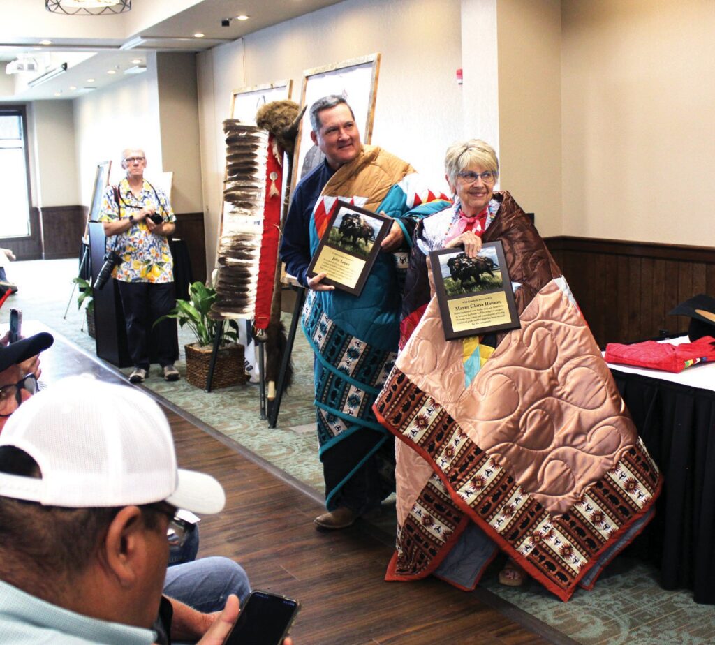 Honoring sculptor John Lopez, creator of “Dupree the American Bison,” and former Fort Pierre mayor Gloria Hanson, community members gathered to recognize their contributions to preserving local history and celebrating the legacy of Fred Dupree’s role in saving the buffalo from extinction. (Photo by Ernestine Anunkasan Hopa)