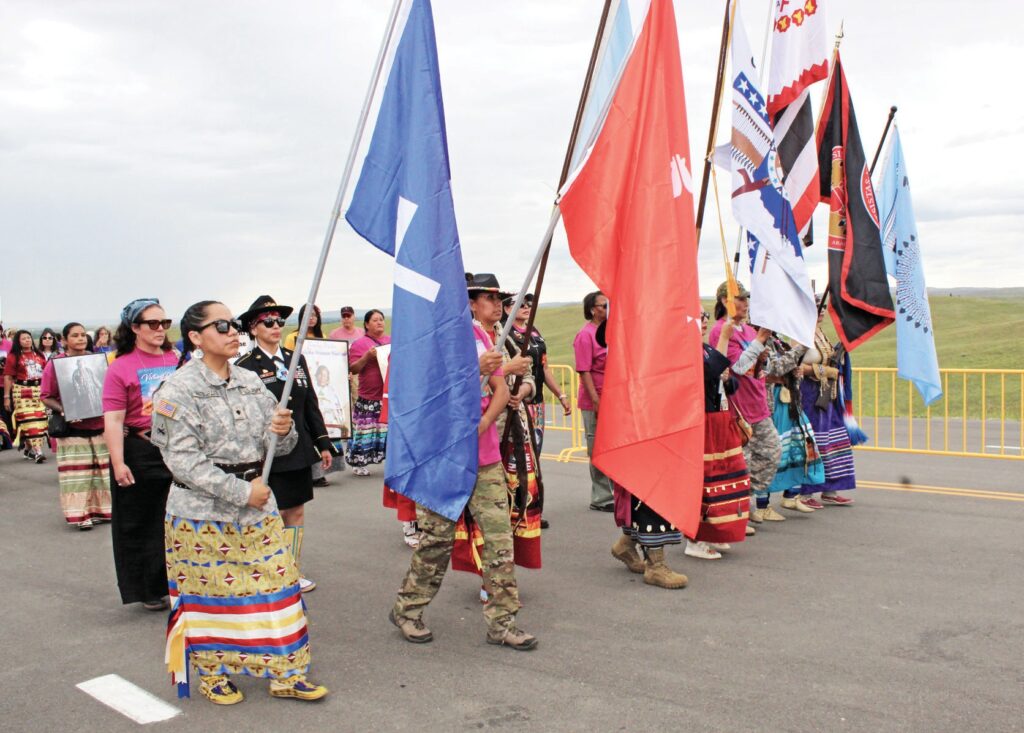 Women from Cheyenne, Oceti Sakowin and Arapaho Nations gather at the Little Big Horn Battlefield for the Women Warrior Victory Parade, marking the 150th anniversary of the Battle of the Little Bighorn/Greasy Grass with a powerful display of sovereignty, strength and remembrance. (Photo by Ernestine Anunkasan Hopa)