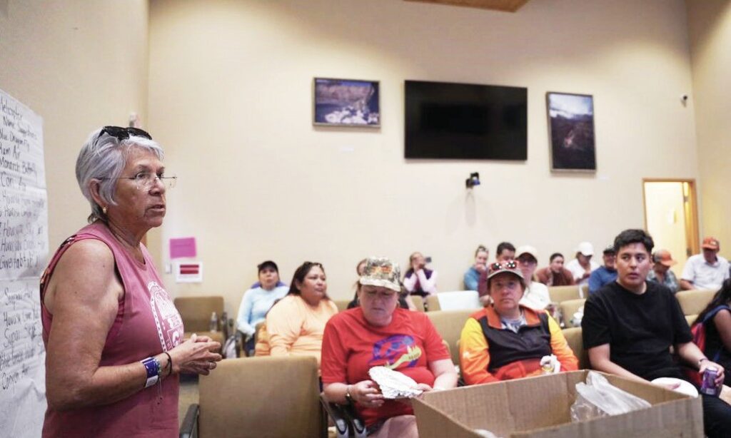 Colorado River Indian Tribal Chairwoman Amelia Flores (left) attends a tribal leaders visit to Supai on Havasupai Reservation on Friday, June 26, 2026. Tribal leaders from Arizona attended the meeting to hear from Havasupai Tribal leaders on their stance against the Pinyon Plain Uranium Mine. (Darren Thompson/ICT)
